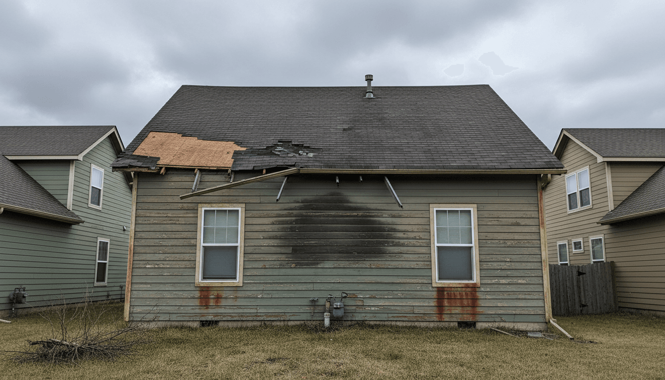 Home exterior showing damage from storm or weather